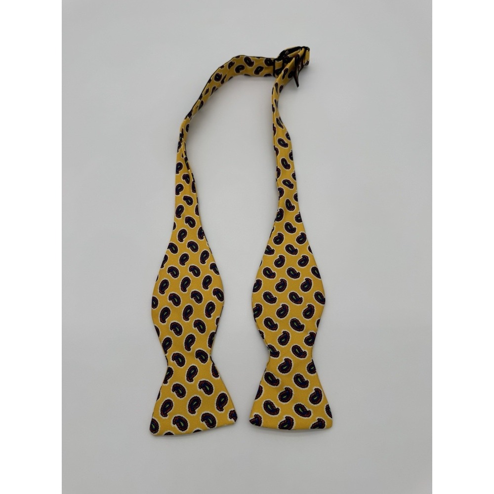 R Hanauer Silk Bow Tie Yellow Paisley Self Tie Adjustable Made in USA Classic